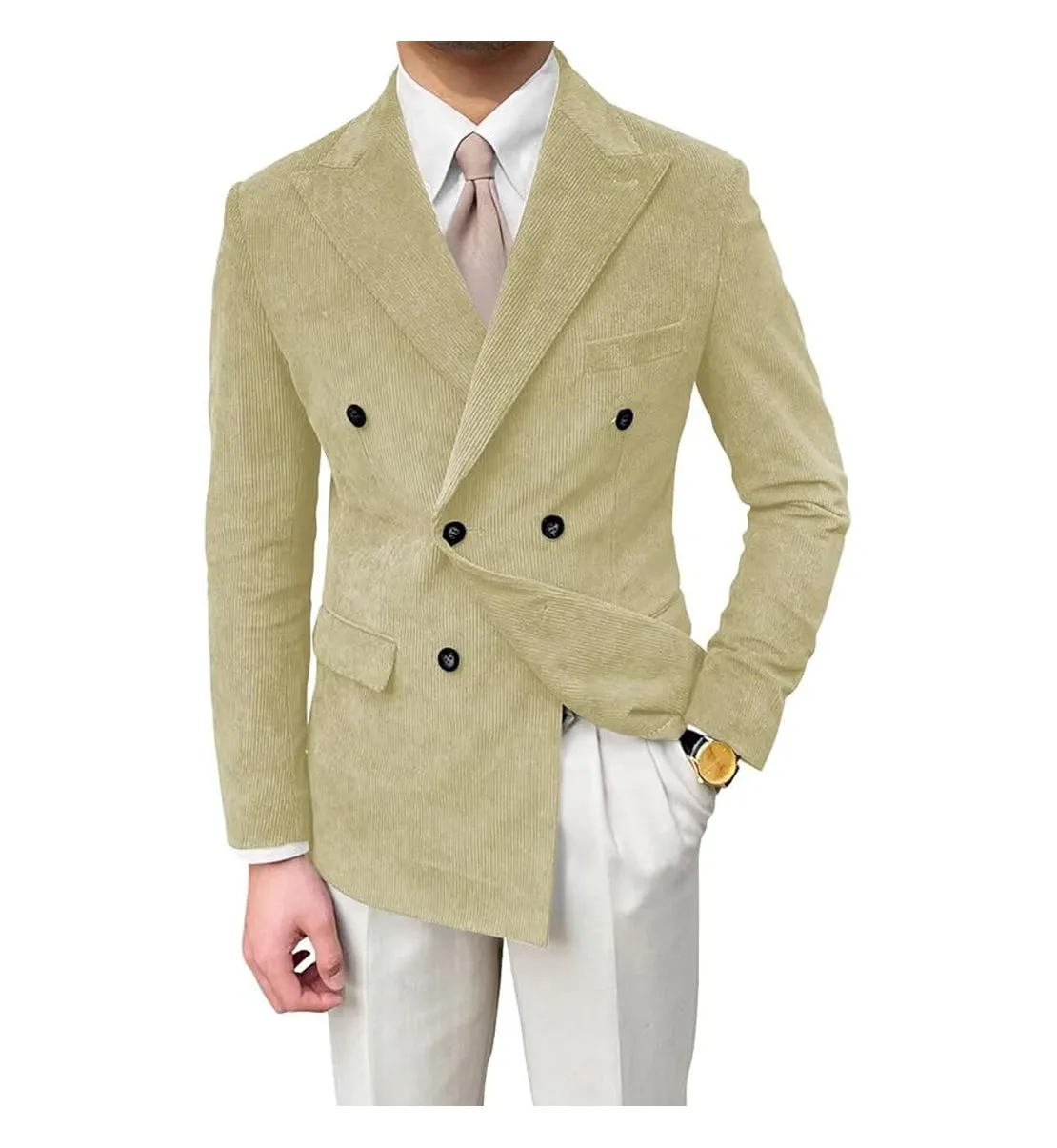 Men's Fashion Corduroy Peak Lapel Double Breasted Jacket Sport Coat