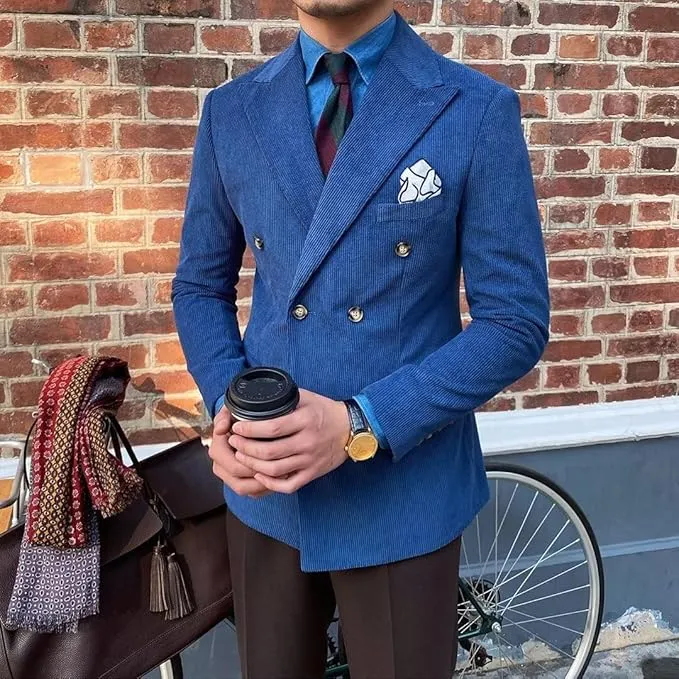 Men's Fashion Corduroy Peak Lapel Double Breasted Jacket Sport Coat