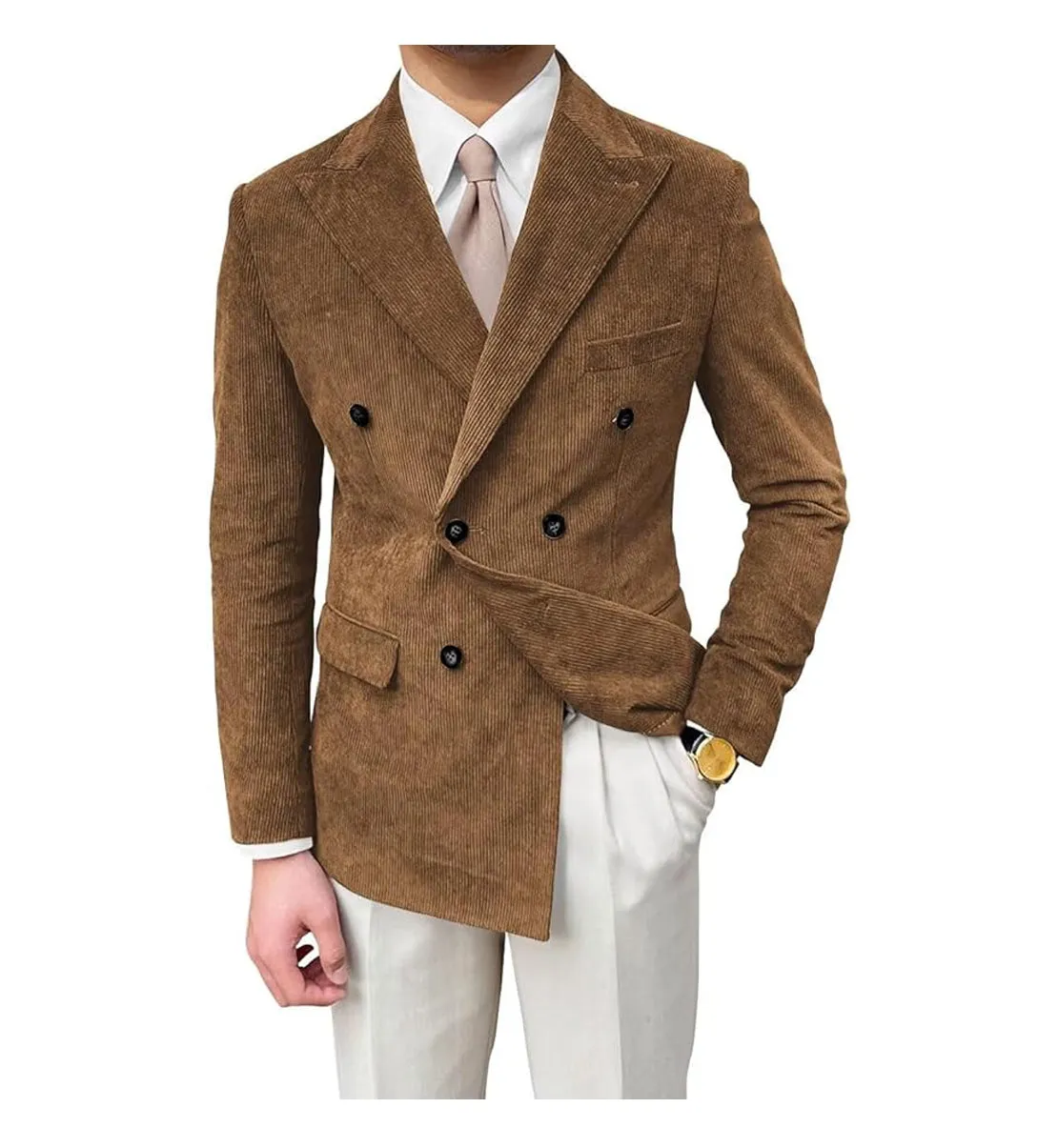 Men's Fashion Corduroy Peak Lapel Double Breasted Jacket Sport Coat