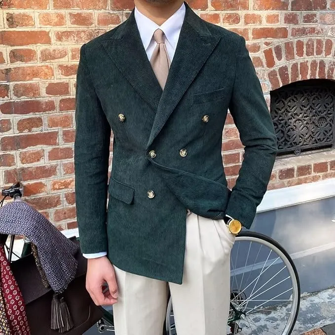 Men's Fashion Corduroy Peak Lapel Double Breasted Jacket Sport Coat