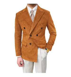 Men's Fashion Corduroy Peak Lapel Double Breasted Jacket Sport Coat