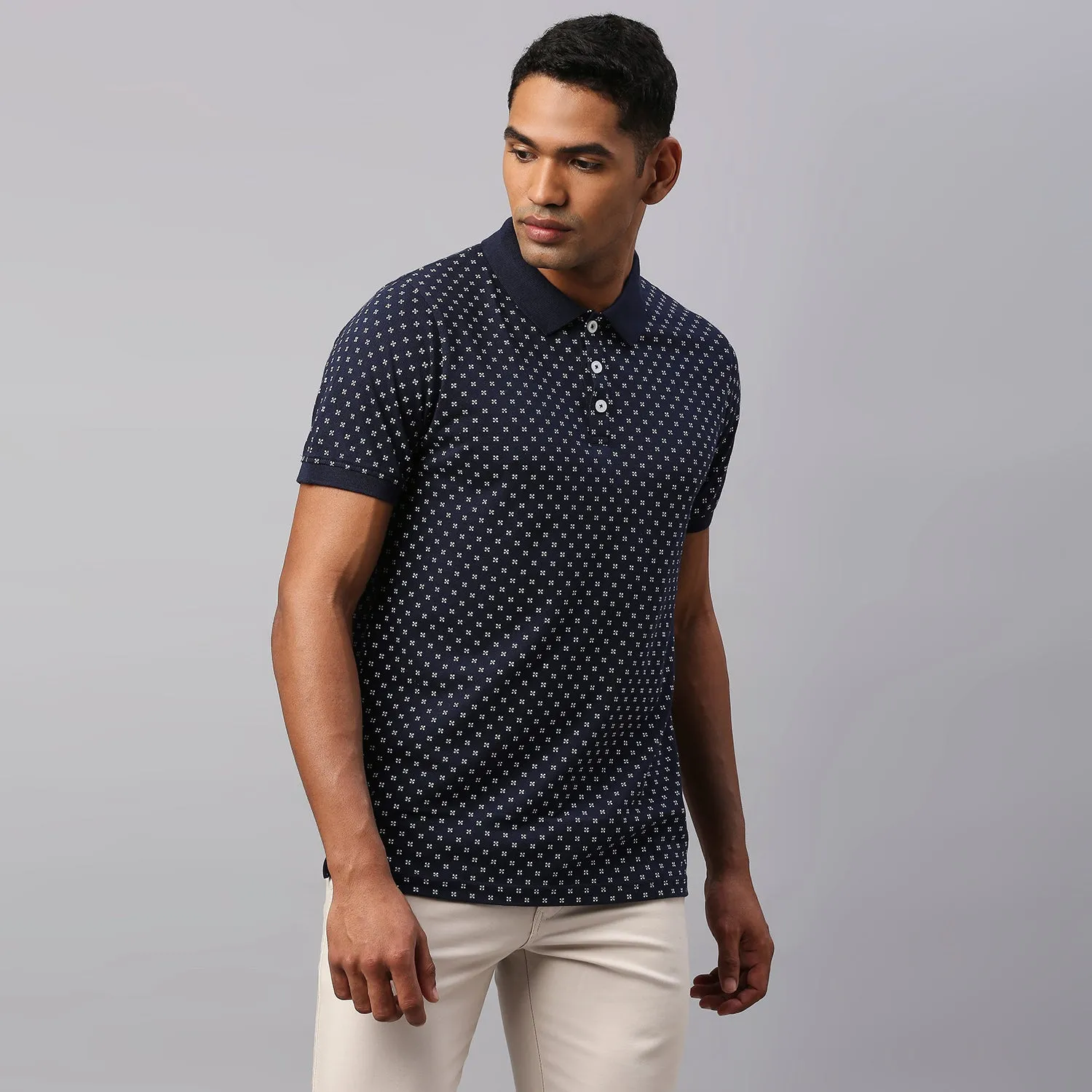 Men's Pure Cotton All Over Printed Half Sleeves Polo T-Shirt (Navy)