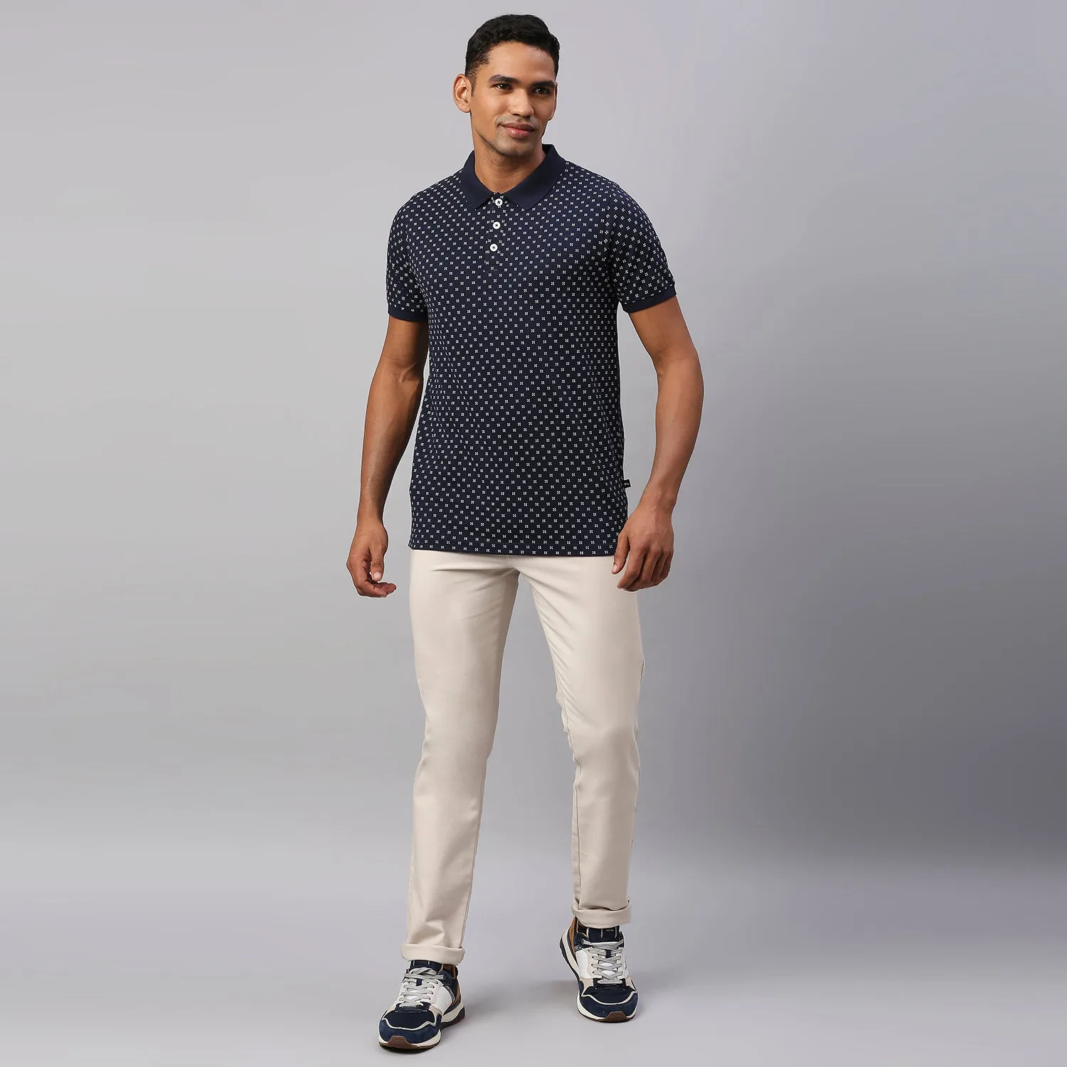 Men's Pure Cotton All Over Printed Half Sleeves Polo T-Shirt (Navy)