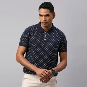 Men's Pure Cotton All Over Printed Half Sleeves Polo T-Shirt (Navy)