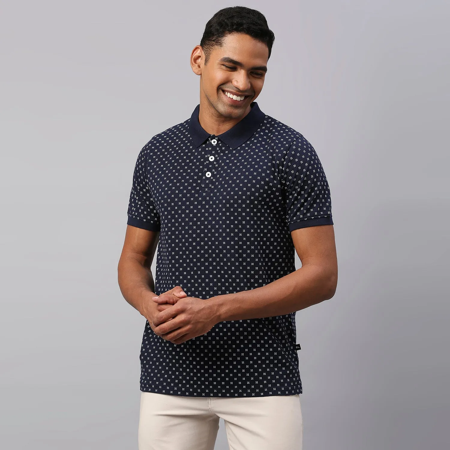 Men's Pure Cotton All Over Printed Half Sleeves Polo T-Shirt (Navy)