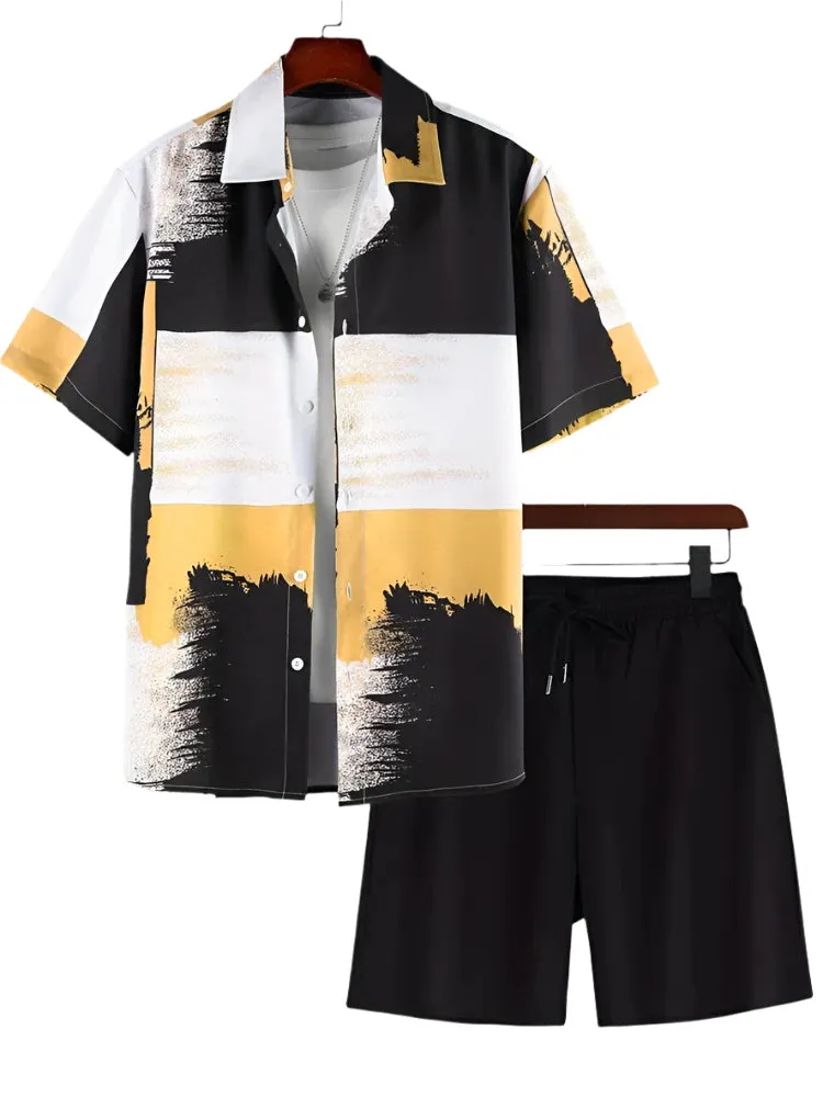 Men's Street Fashion Summer Set - Casual Short-Sleeved Striped Shirt & Beach Shorts