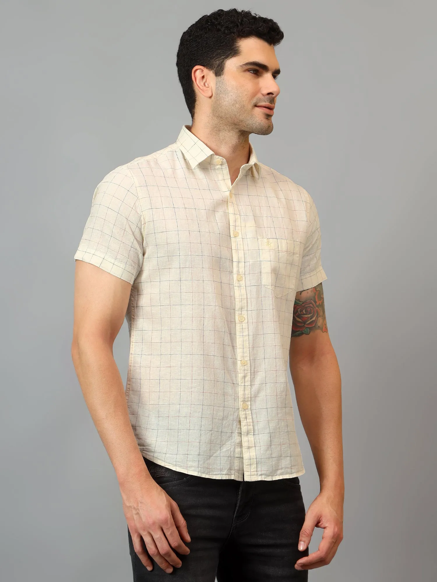 Men's Yellow Casual Small Checks Half sleeve Shirt