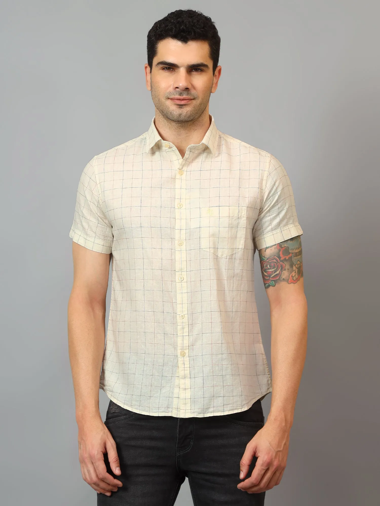 Men's Yellow Casual Small Checks Half sleeve Shirt