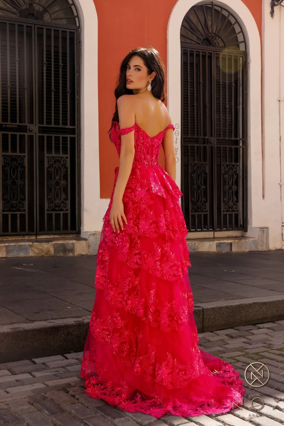 Off Shoulder  A Line Ruffle Slit Prom Dress_T1335