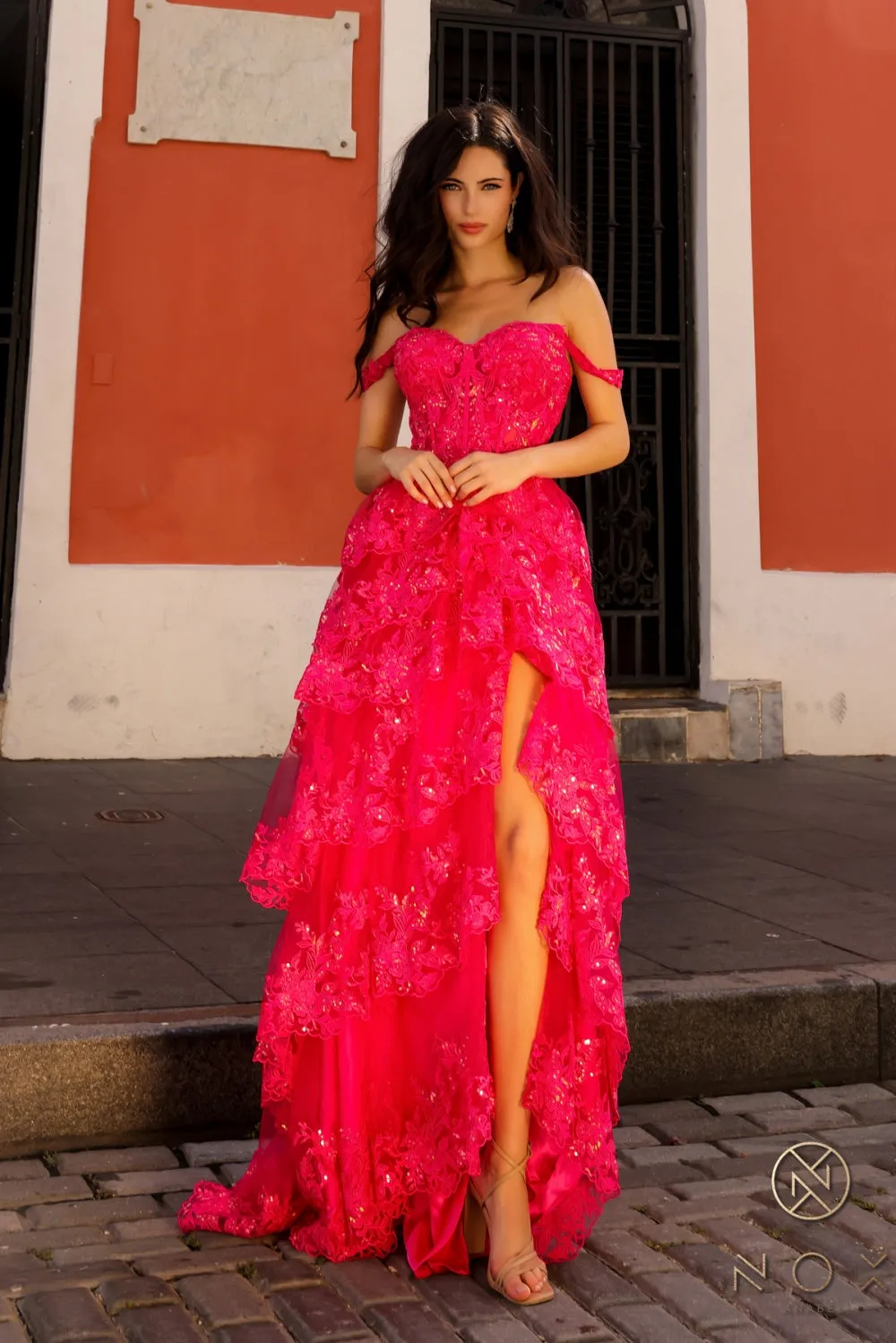 Off Shoulder  A Line Ruffle Slit Prom Dress_T1335