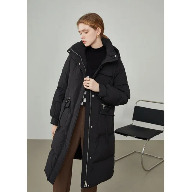 Office Lady White Duck Down Hooded Down Jacket Women's  New Coat Women's Medium Length For Women