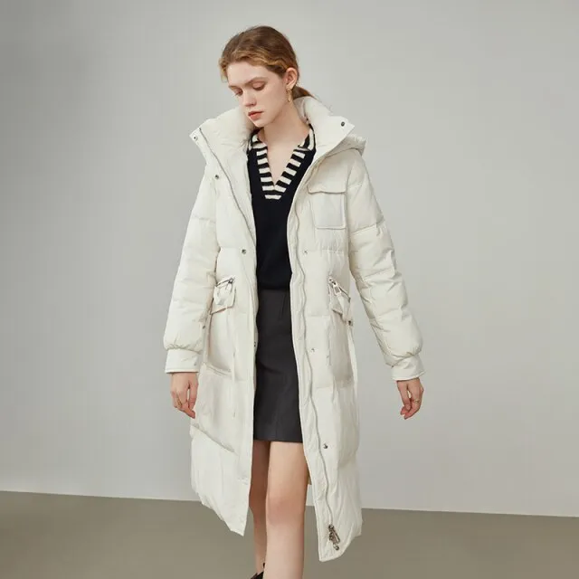 Office Lady White Duck Down Hooded Down Jacket Women's  New Coat Women's Medium Length For Women