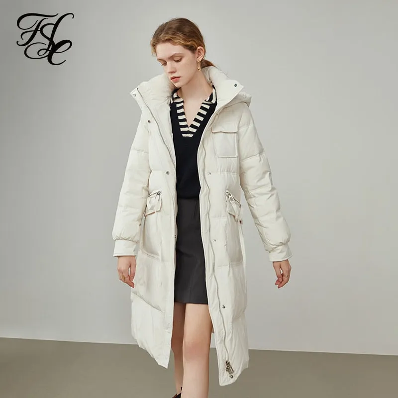 Office Lady White Duck Down Hooded Down Jacket Women's  New Coat Women's Medium Length For Women