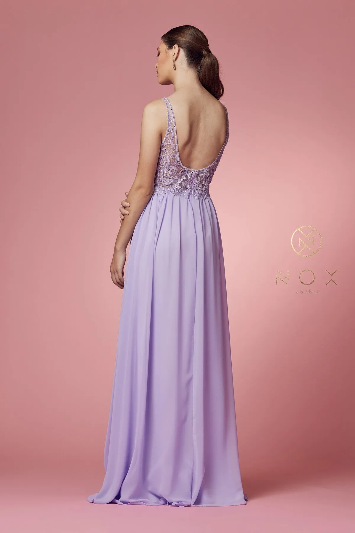 PLUNGE SWEETHEART EMBROIDERED NECK A-LINE GOWN WITH SIDE SLIT_Y299
