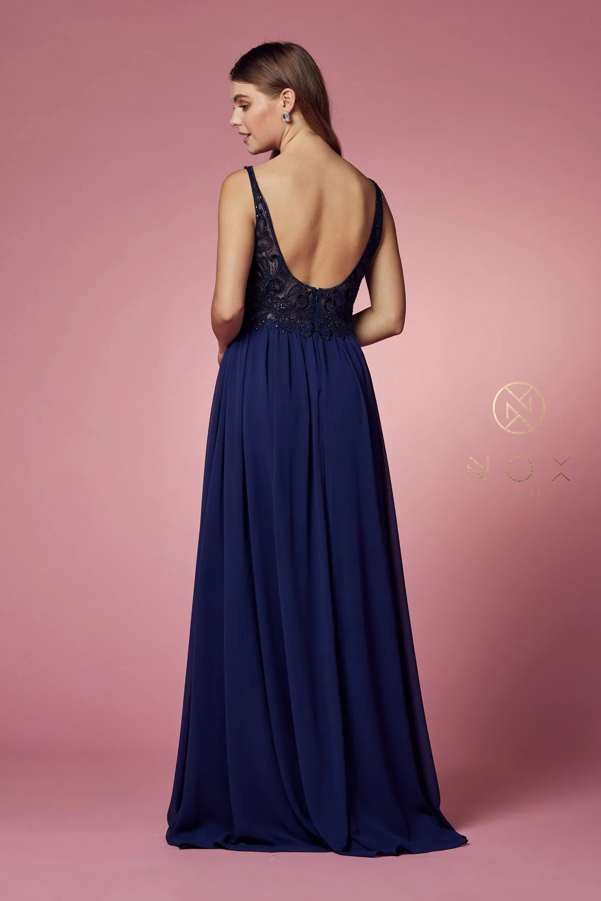 PLUNGE SWEETHEART EMBROIDERED NECK A-LINE GOWN WITH SIDE SLIT_Y299
