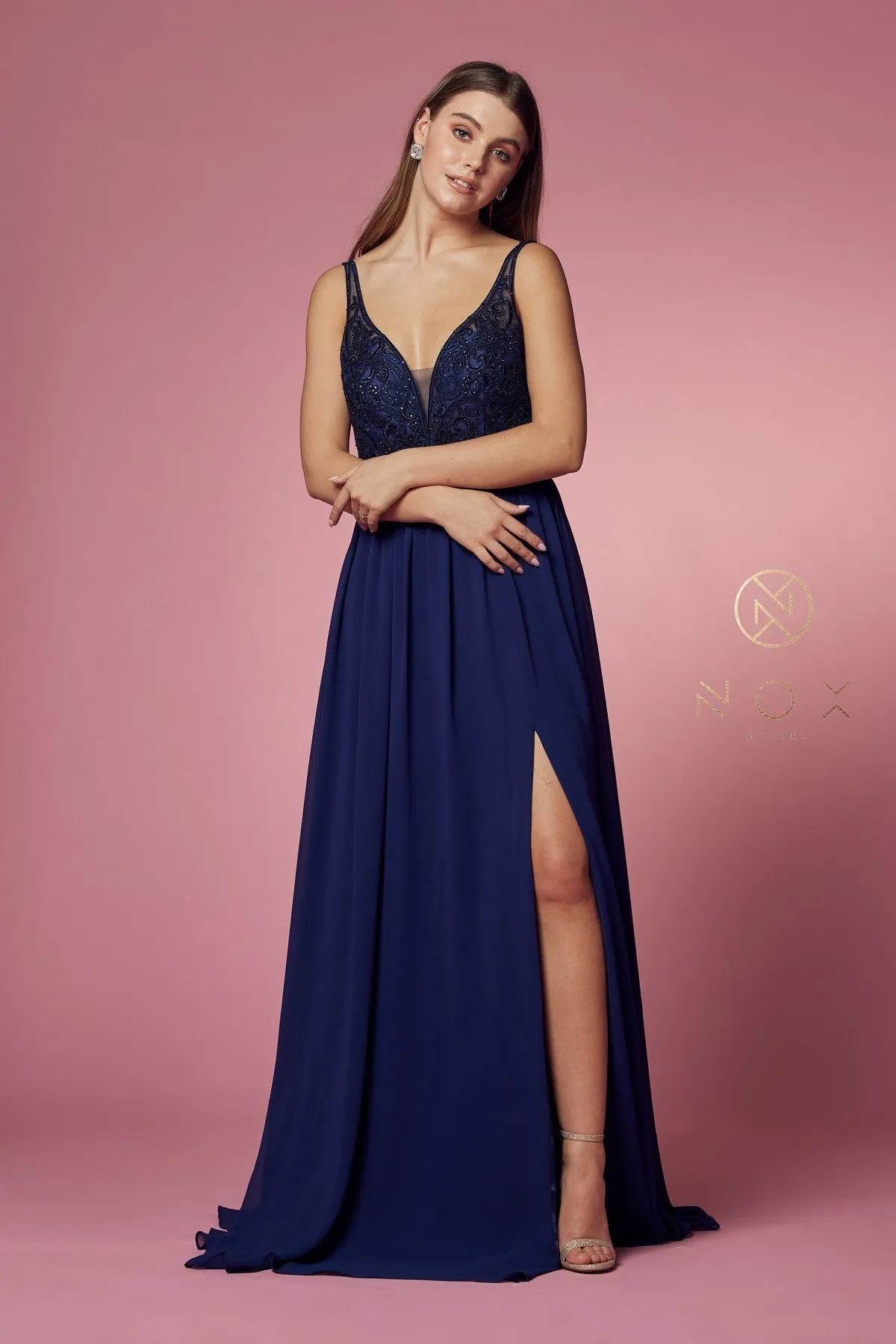 PLUNGE SWEETHEART EMBROIDERED NECK A-LINE GOWN WITH SIDE SLIT_Y299