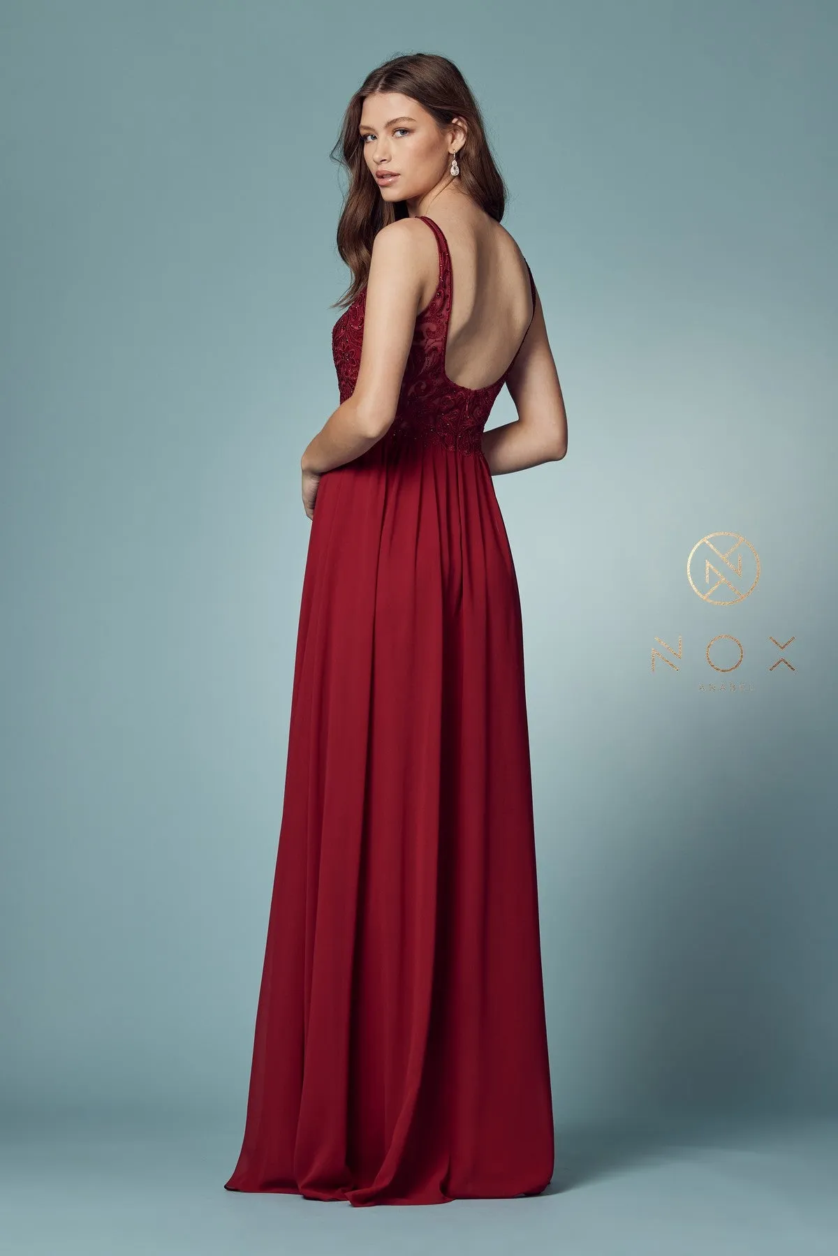 PLUNGE SWEETHEART EMBROIDERED NECK A-LINE GOWN WITH SIDE SLIT_Y299