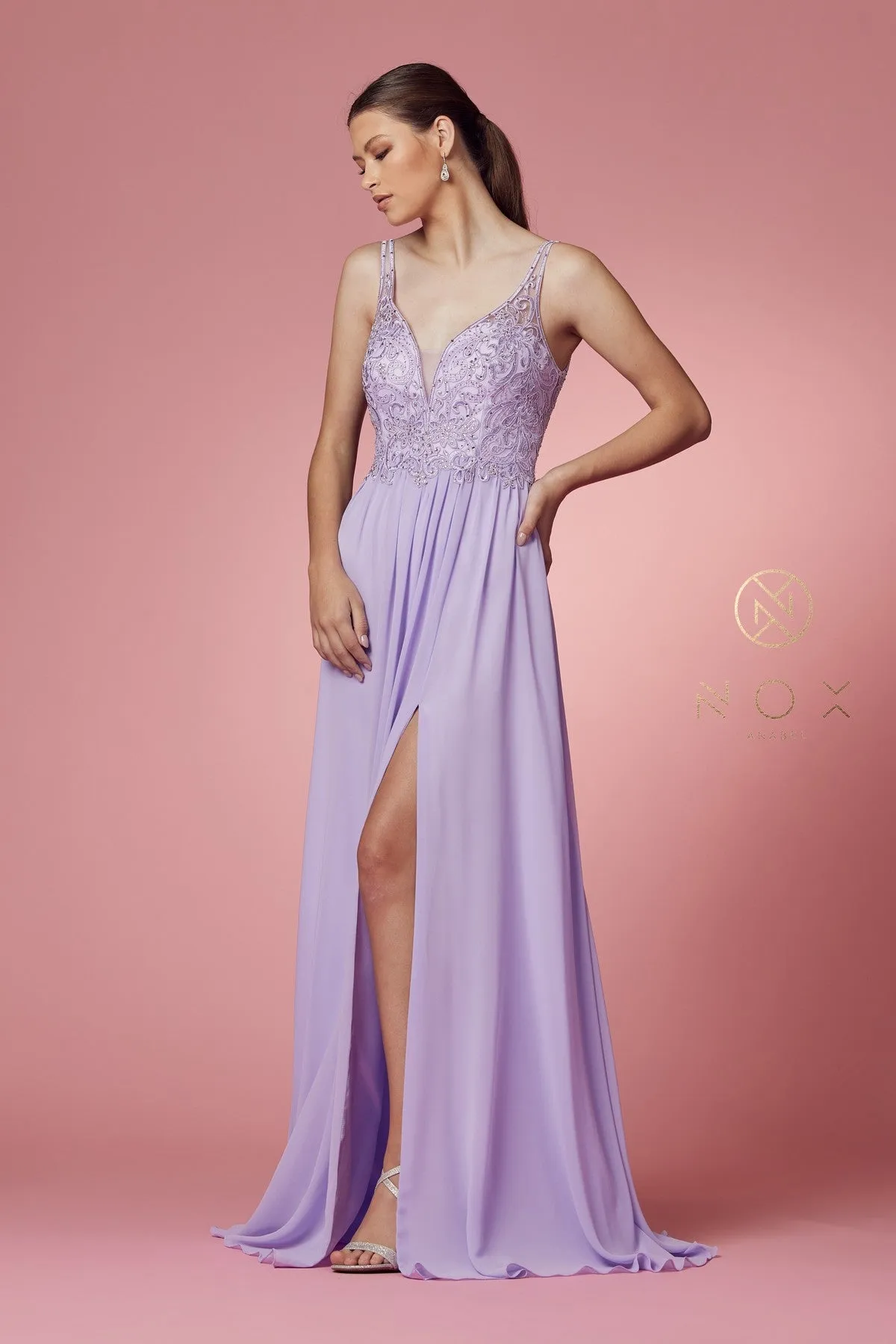 PLUNGE SWEETHEART EMBROIDERED NECK A-LINE GOWN WITH SIDE SLIT_Y299
