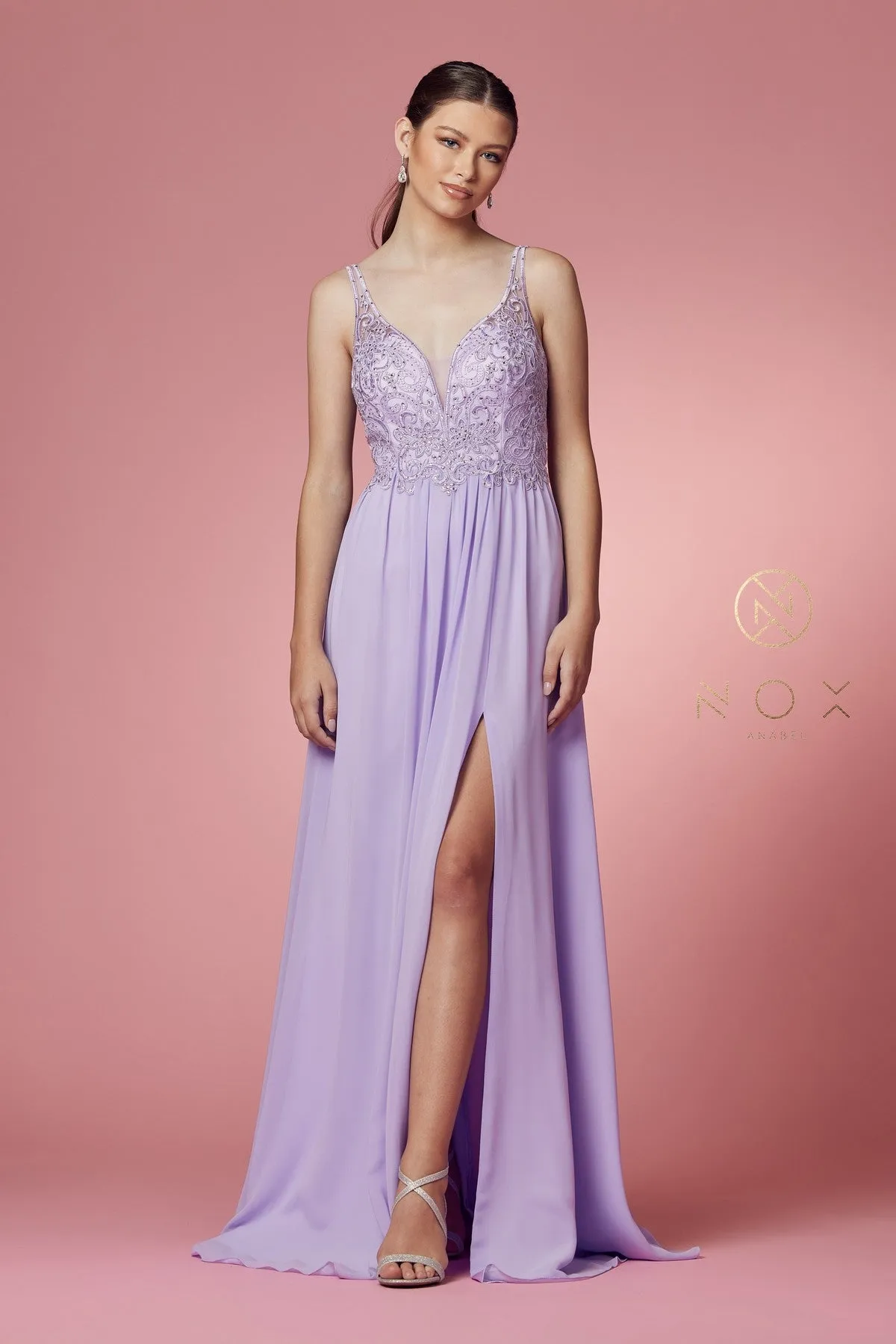 PLUNGE SWEETHEART EMBROIDERED NECK A-LINE GOWN WITH SIDE SLIT_Y299