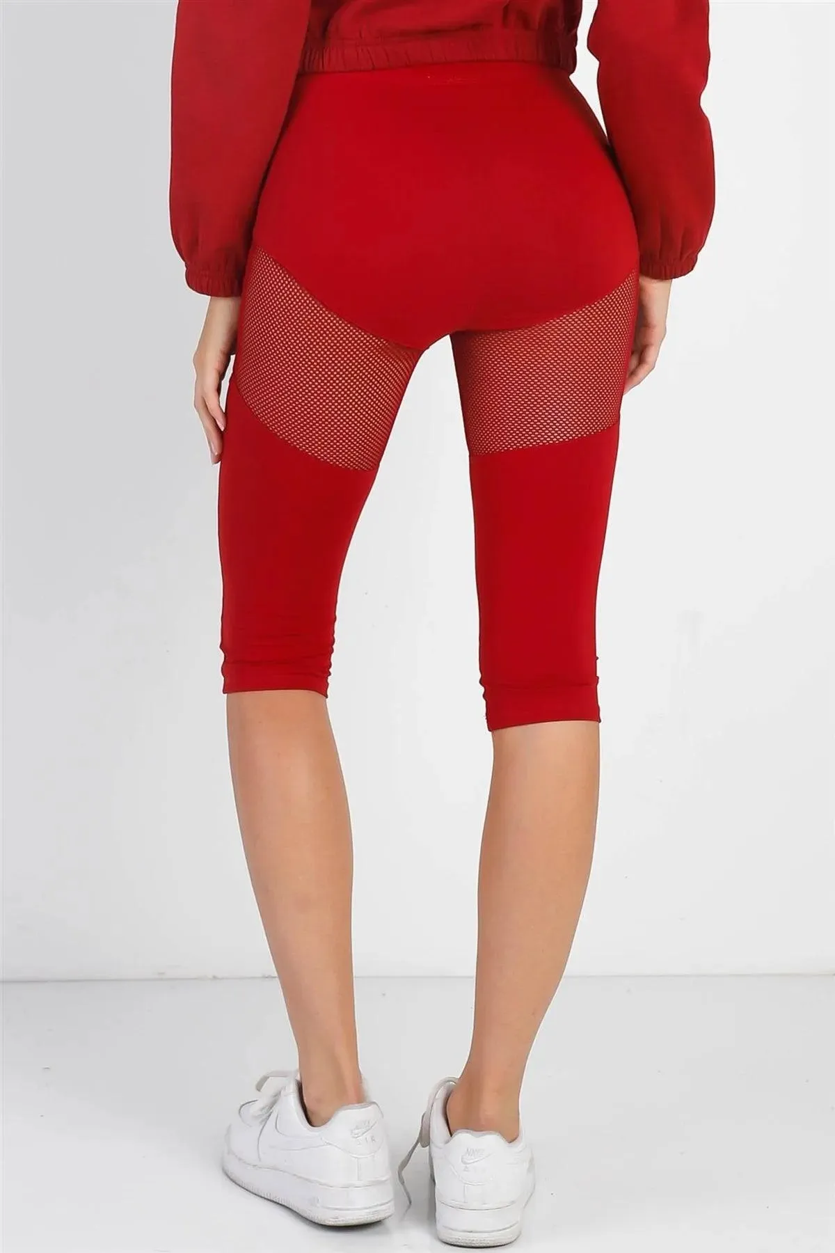 Red High Waist Sheer Mesh Cut-Ins Sports Midi Legging Pants