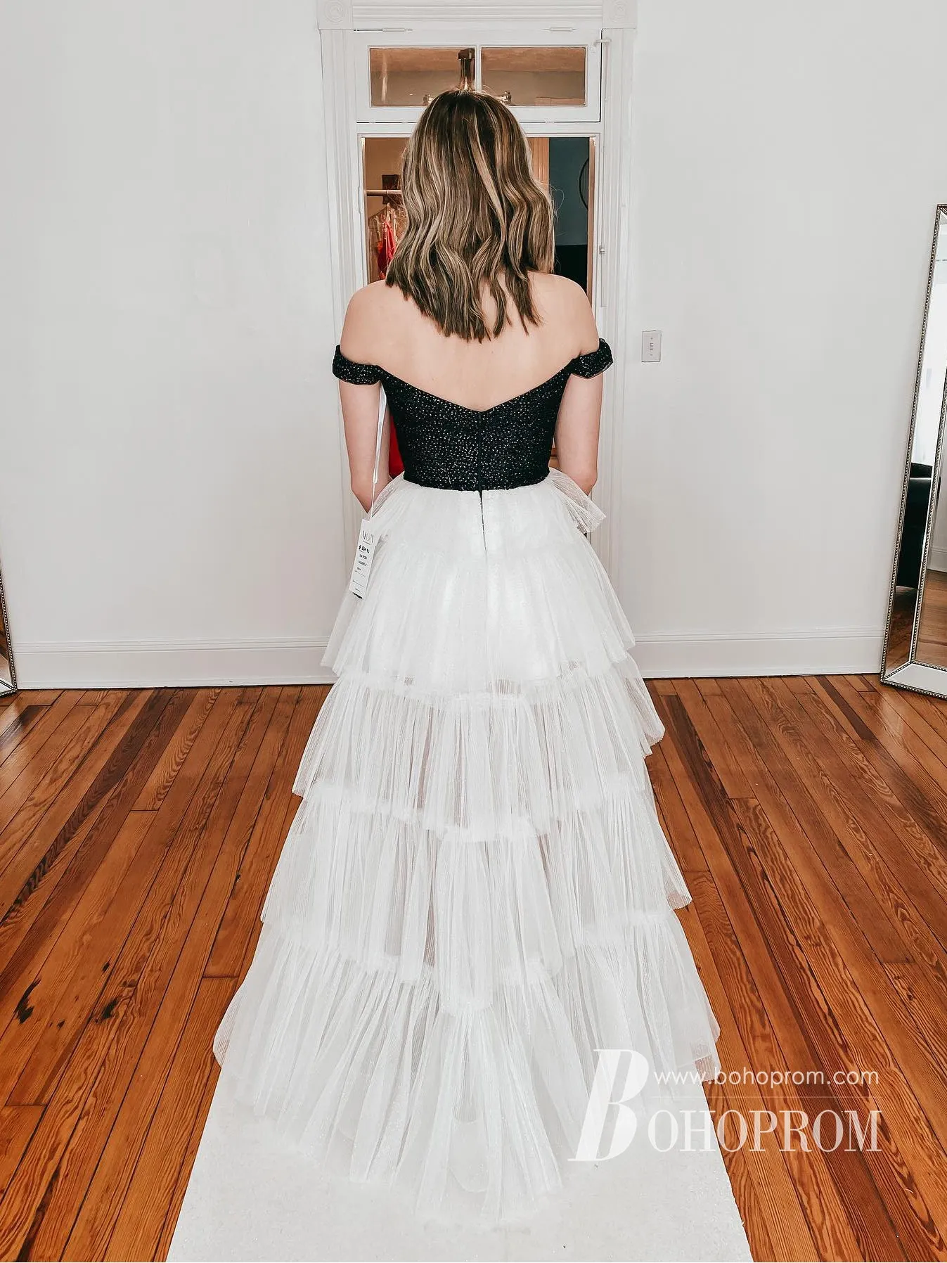Sparkly Off-the-shoulder Tiered Tulle A-line Prom Dress With Slit PD737