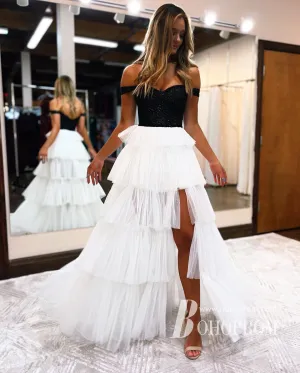Sparkly Off-the-shoulder Tiered Tulle A-line Prom Dress With Slit PD737
