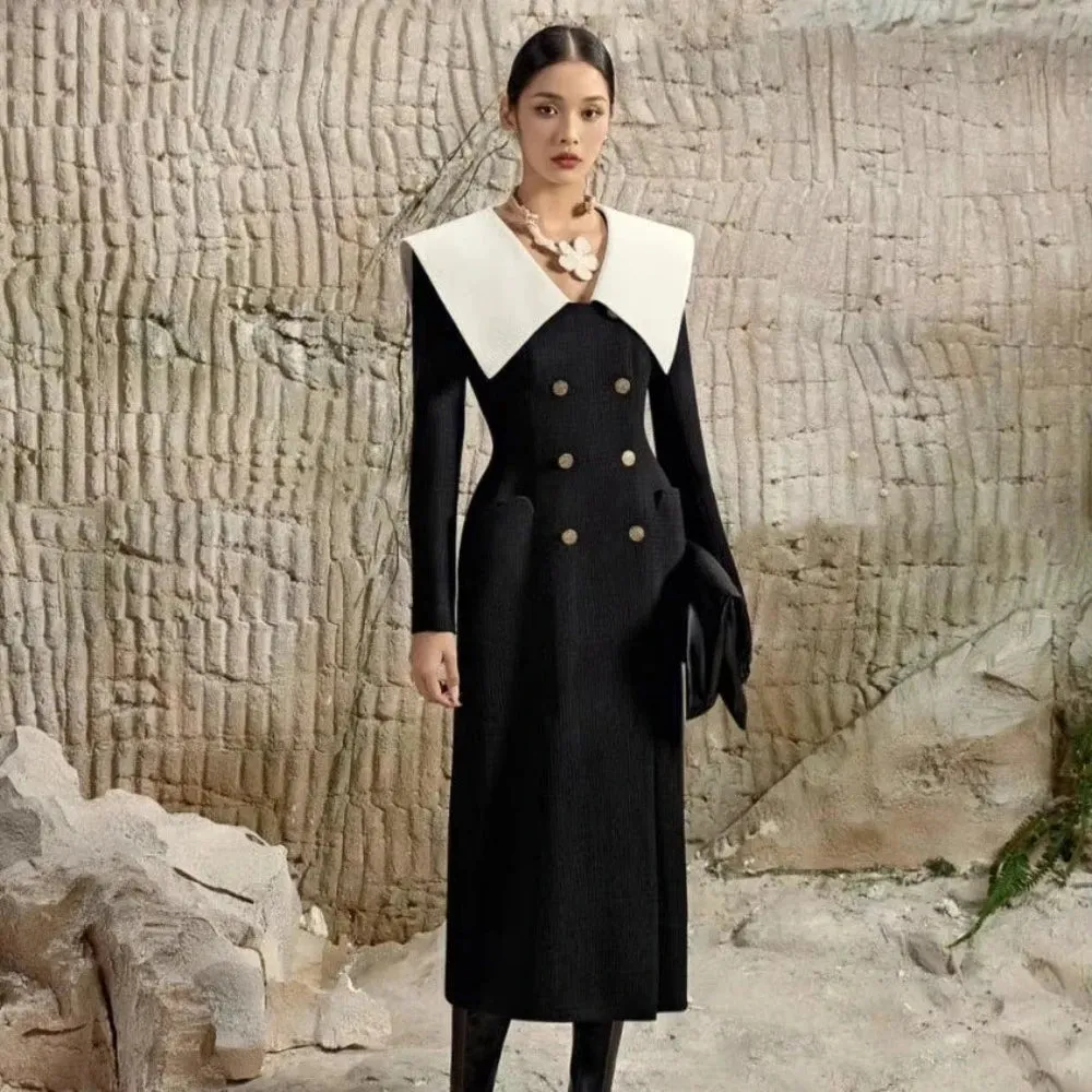Trend4us Women’s Elegant Double-Breasted Collar Long Coat Dress