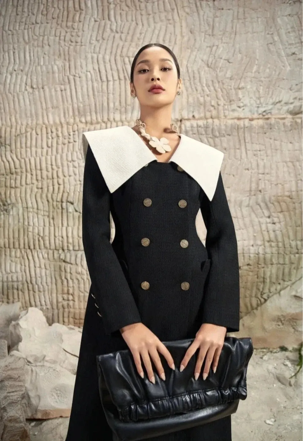 Trend4us Women’s Elegant Double-Breasted Collar Long Coat Dress