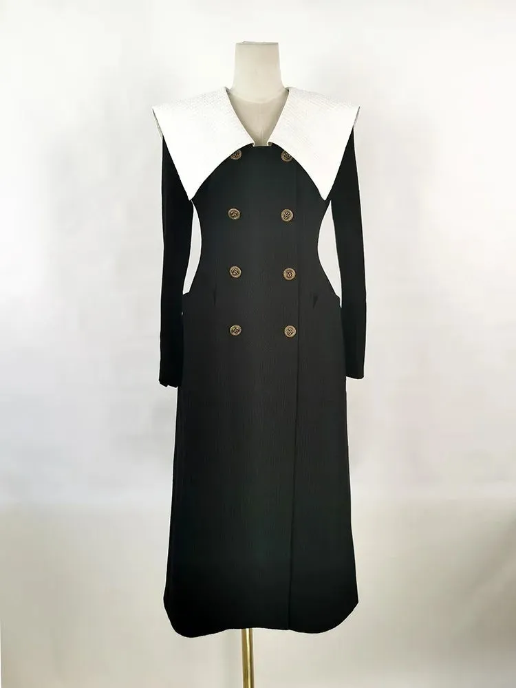 Trend4us Women’s Elegant Double-Breasted Collar Long Coat Dress