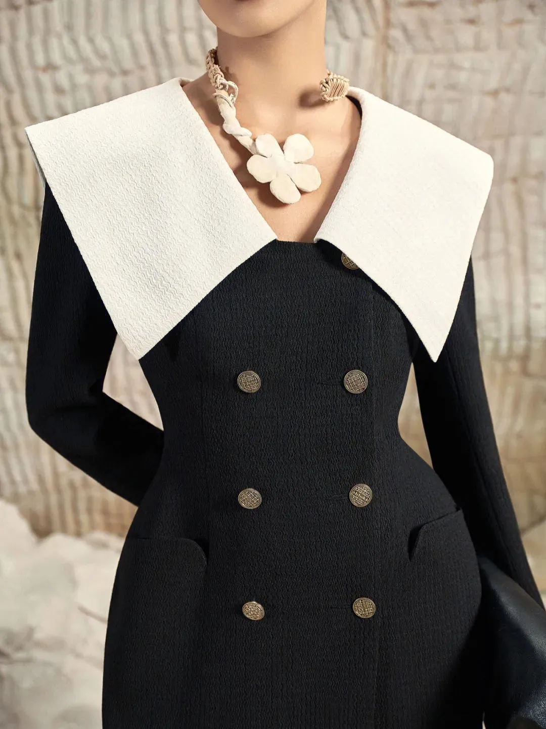 Trend4us Women’s Elegant Double-Breasted Collar Long Coat Dress