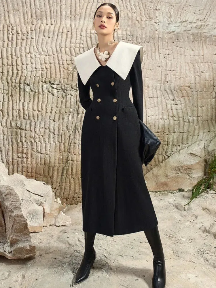 Trend4us Women’s Elegant Double-Breasted Collar Long Coat Dress