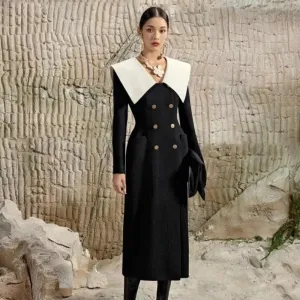 Trend4us Women’s Elegant Double-Breasted Collar Long Coat Dress