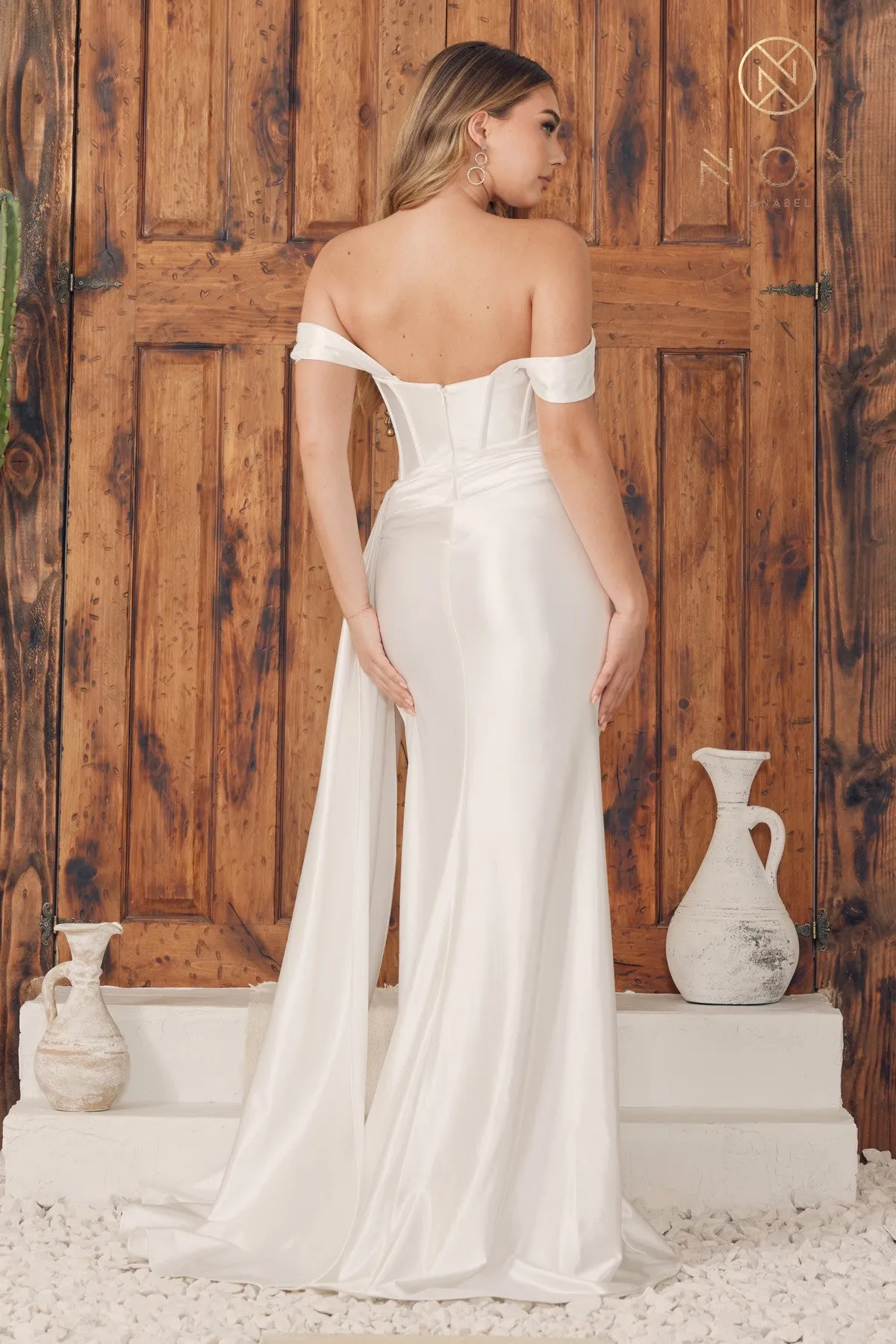 White Off Shoulder Satin Long Dress_E1043W
