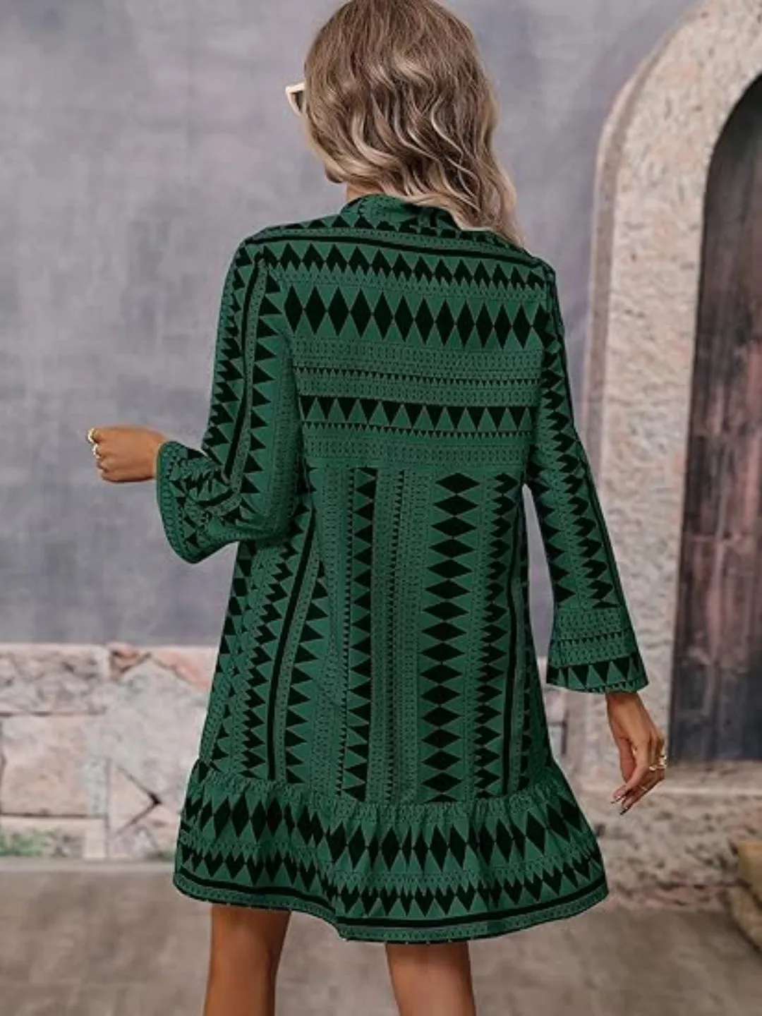 Women's Notched Neck Boho Geo Print Dress